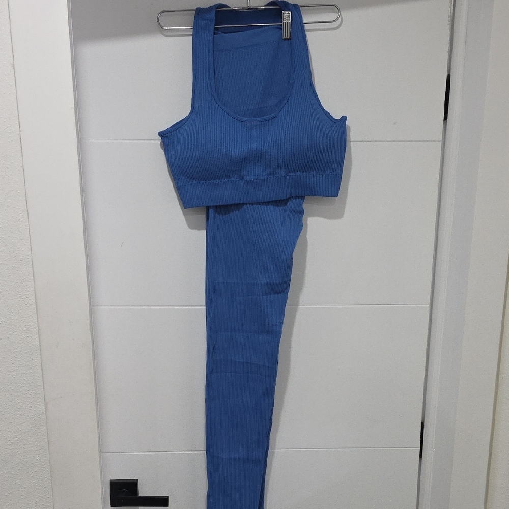 Blue Ribbed Top and Leggings Set
